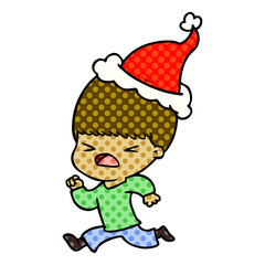 comic book style illustration of a stressed man wearing santa hat