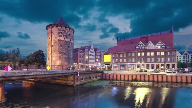  Gdansk, Poland. Brama Stagiewna (Milk cans gate) in old town (static image with animated sky and water)