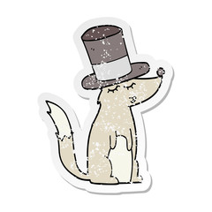 distressed sticker of a cartoon wolf whistling wearing top hat