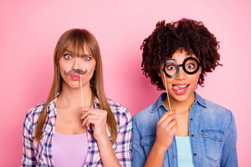 Close up photo two diversity she her ladies different race skin funky grimace false specs moustache...