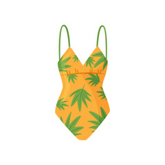 Bright orange swimsuit with palm leaves pattern. Women garment for swimming. Fashion theme. Flat vector icon