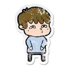 distressed sticker of a cartoon curious man