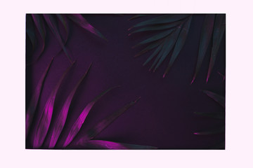 Tropical and palm leaves in vibrant bold gradient holographic neon colors , background.