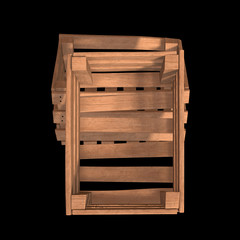 Wooden box for transportation and storage of products. Empty crate for fruits and vegetables. 3d render on black background.