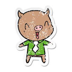 distressed sticker of a happy cartoon pig wearing shirt and tie