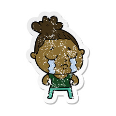 distressed sticker of a cartoon tough woman crying