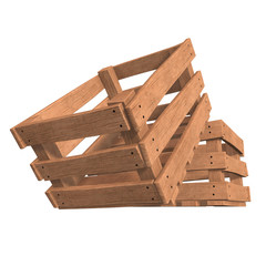 Wooden box for transportation and storage of products. Empty crate for fruits and vegetables. 3d render isolated on white background.