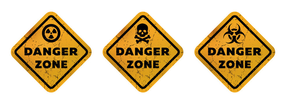 Danger zone signs, radiation, toxicity and mortal danger Vector illustration.