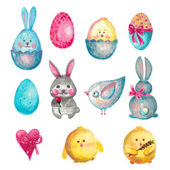 Spring Easter set of watercolor elements Rabbit chicken bird heart egg on white isolated background