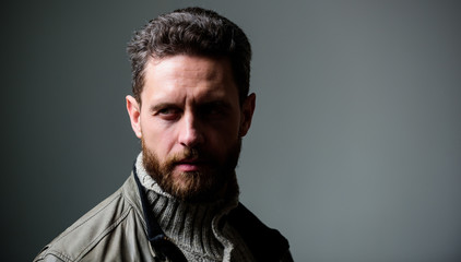 Barber shop concept. Mature hipster with moustache and beard. Mature serious confident man with beard, copy space. Confident in his style. Calm temper of concentrated confident guy. Confidence is key