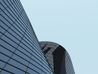 Fototapeta na wymiar 3D stimulate of high rise curve glass building and dark steel window system on blue clear sky background,Business concept of future architecture,lookup to the angle of the corner building.