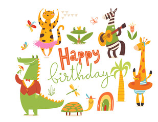 Happy birthday card. Big set of cartoon wild animals. 