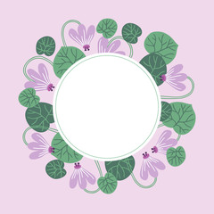 Floral greeting card with cyclamen, leaves and circle label