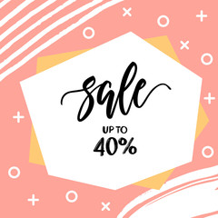 Sale template with brush painted shapes and geometric pattern on background.