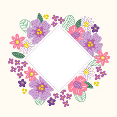 Floral greeting card with leaves, daisy, lilac, violet flowers