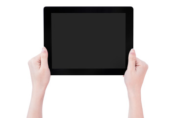 Teenage beautiful girl holding a black tablet pc template with gray screen isolated on white background, close up, mock up, clipping path, cut out