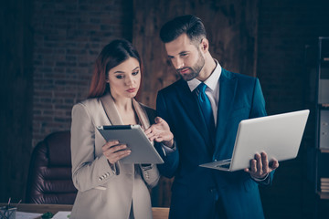Close up photo clever smart she her thoughtful business lady he him his guy advice boss employer...