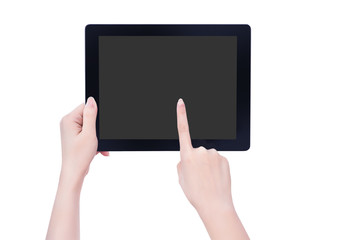 Young beautiful girl holding a black tablet pc template with gray screen isolated on white background, close up, mock up, clipping path, cut out