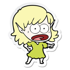 sticker of a cartoon shocked elf girl pointing