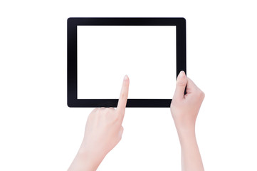 Young beautiful girl holding a black tablet pc template with white screen isolated on white background, close up, mock up, clipping path, cut out