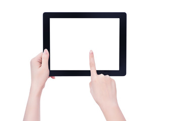 Young beautiful girl holding a black tablet pc template with white screen isolated on white background, close up, mock up, clipping path, cut out