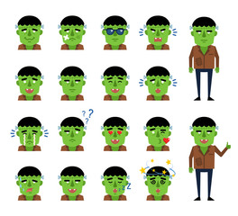 Set of zombie halloween emoticons showing diverse emotions. Laugh, cry, sad, happy, angry, tired, surprised, dazed and other expressions. Flat design vector illustration