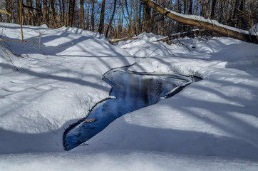 Russian winter landscape with a frozen stream