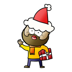 gradient cartoon of a bearded man with present wearing santa hat