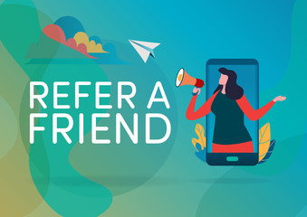 Refer a friend vector illustration. People use megaphone with refer a friend word in smartphone background. Flat cartoon character graphic design. Landing page template,banner,flyer,poster,web page