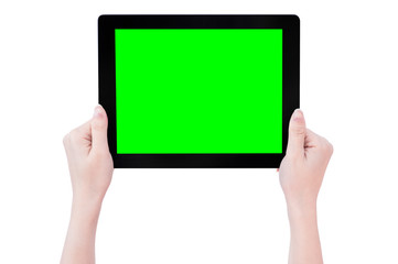 Teenage beautiful girl holding a black tablet pc template with green screen isolated on white background, close up, mock up, clipping path, cut out