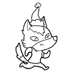 friendly line drawing of a wolf wearing santa hat