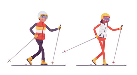 Fototapeta na wymiar Sporty man and woman skiing, enjoy winter outdoor activities on ski resort, having active holiday, wintertime tourism and recreation. Vector flat style cartoon illustration isolated, white background