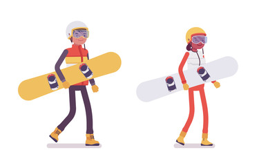 Sporty man and woman carrying snowboard equipment, winter outdoor activities on ski resort, having active holiday, wintertime tourism. Vector flat style cartoon illustration isolated, white background