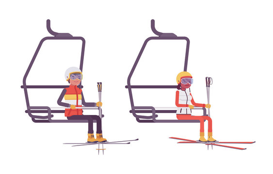 Sporty young man and woman at ski lift, enjoy winter outdoor activities on resort, having active holiday fun, wintertime recreation. Vector flat style cartoon illustration isolated, white background