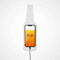 The smartphone lies on the plane connected to the charger. Silhouette of a beer bottle. The phone's screen shows a light beer with bubbles of gas and foam. Vector illustration.