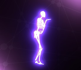 Human skeleton who sends an air kiss. Halloween party design template. 3D rendering