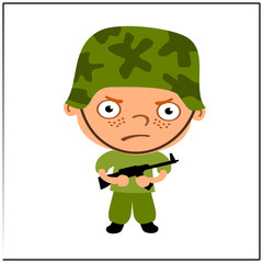 Angry boy playing in a soldier's uniform with a gun in his hands.