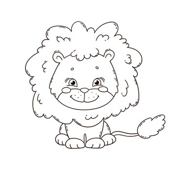 Cute cartoon lion. Coloring book page for children. Black and white outline illustration.