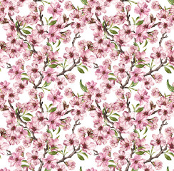 Spring flowers blossom sakura, cherry, apple . Floral seamless pattern. Watercolor