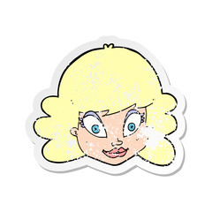 retro distressed sticker of a cartoon happy female face