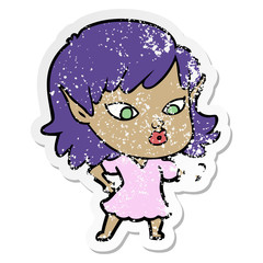 distressed sticker of a pretty cartoon elf girl