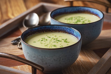 Leek and potato cream soup with cheese.
