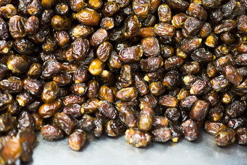 Dried dates fruits as background, sweet and tasty desert from orient