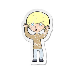 retro distressed sticker of a cartoon startled boy