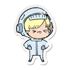 distressed sticker of a cartoon astronaut woman