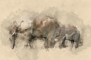 Fototapeta na wymiar Beautiful watercolour painting of Mother and Calf Baby African Elephant Loxodonta Africana