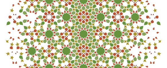 Arabesque seamless vector pattern. Geometric halftone texture with color tile disintegration or breaking