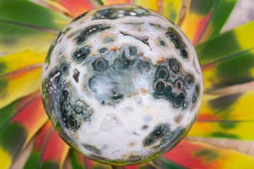 Orbicular Ocean Jasper sphere with crystallized vugs from Madagascar in the middle of a circle made...
