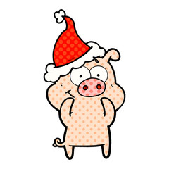 happy comic book style illustration of a pig wearing santa hat