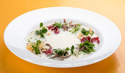 Summer yoghurt cold soup with radish, cucumber and dill. Okroshka.